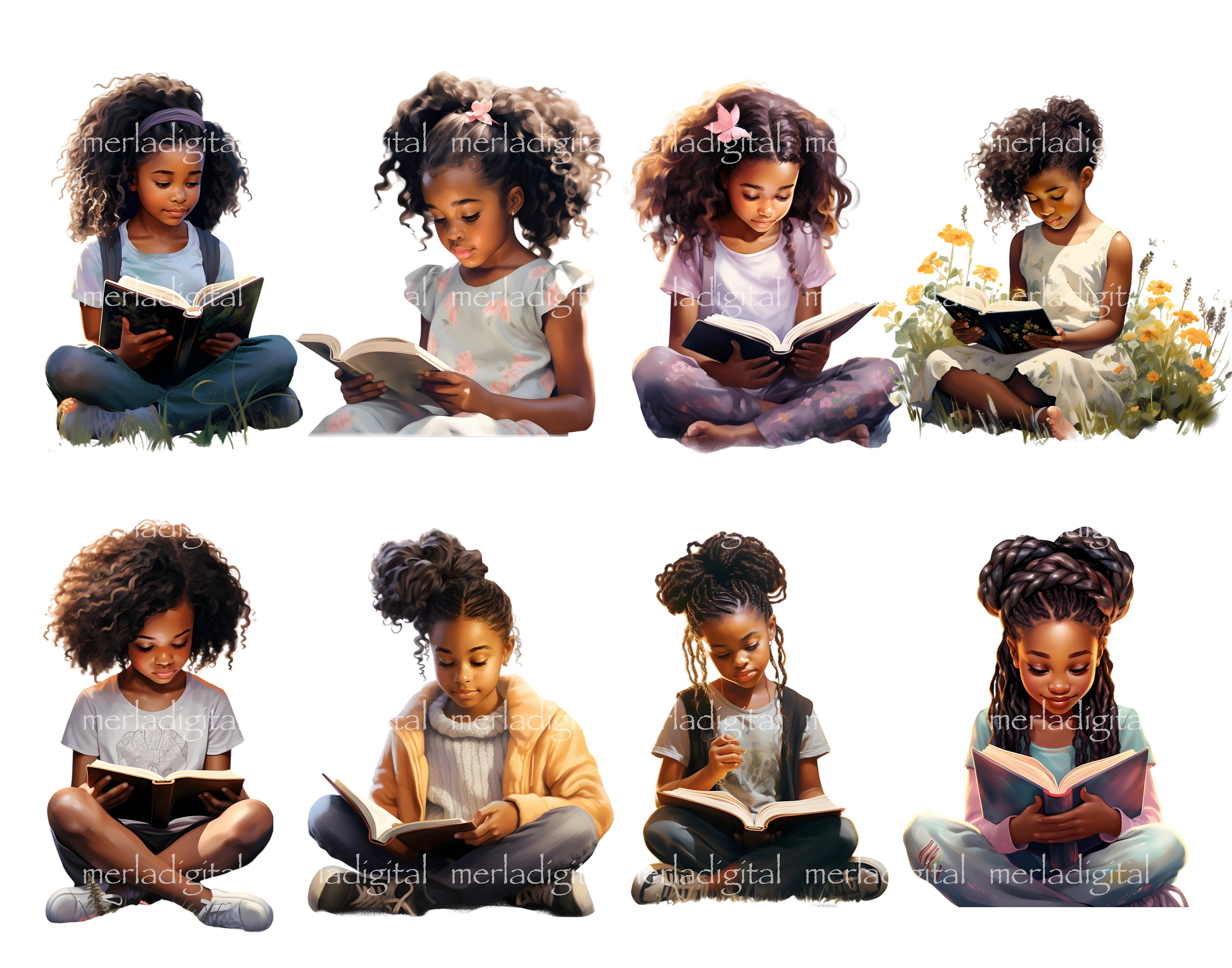 Black Girl Reading Watercolor Clipart Bundle Little Black Girl PNG Junk ...