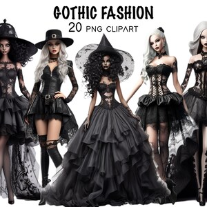 Gothic Halloween Fashion Girls Clipart, Watercolor Witch Hat PNG (Instant Download) image 1