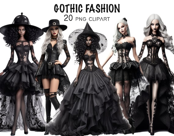 Gothic Halloween Fashion Girls Clipart, Watercolor Witch Hat PNG (Instant Download)