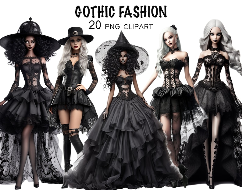 Gothic Halloween Fashion Girls Clipart, Watercolor Witch Hat PNG (Instant Download) image 1