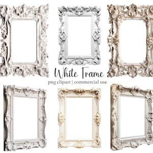 May include: Set of six ornate white picture frames with intricate details. The frames are all different sizes and shapes, but they all have a similar style. They would be perfect for adding a touch of elegance to any room.