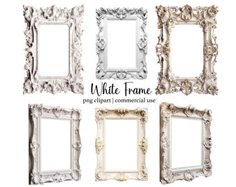 Rococo Frame Clipart: White Vintage Borders, PNG (Digital Download)