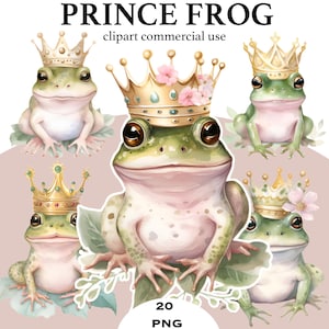 May include: A watercolour illustration featuring five green frogs, each wearing a gold crown, some with pink floral accents. The image includes the text "PRINCE FROG" and "clipart commercial use" on a pale pink background.