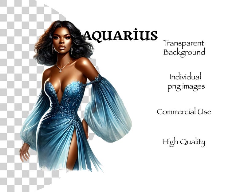 Puede incluir: Una mujer de piel oscura y cabello negro largo lleva un vestido azul con un escote pronunciado y mangas largas. El vestido tiene un dise&ntilde;o brillante y una abertura en el muslo. La mujer est&aacute; de pie sobre un fondo transparente.