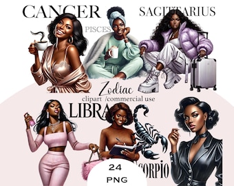 Puede incluir: Una ilustración digital de 10 signos del zodíaco, cada uno representado por una mujer con un estilo y una pose únicos. Los signos son Cáncer, Sagitario, Piscis, Libra, Escorpio, Capricornio, Acuario, Géminis, Virgo y Aries. La ilustración es de estilo de dibujos animados y presenta colores brillantes.