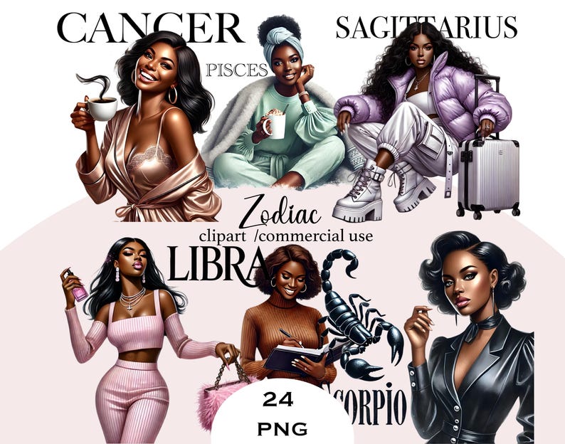 Puede incluir: Una ilustraci&oacute;n digital de 10 signos del zod&iacute;aco, cada uno representado por una mujer con un estilo y una pose &uacute;nicos. Los signos son C&aacute;ncer, Sagitario, Piscis, Libra, Escorpio, Capricornio, Acuario, G&eacute;minis, Virgo y Aries. La ilustraci&oacute;n es de estilo de dibujos animados y presenta colores brillantes.