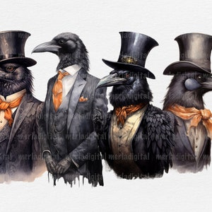 May include: Four black crows wearing top hats and suits. The crows are all wearing different colored ties. The crows are standing on a white background.