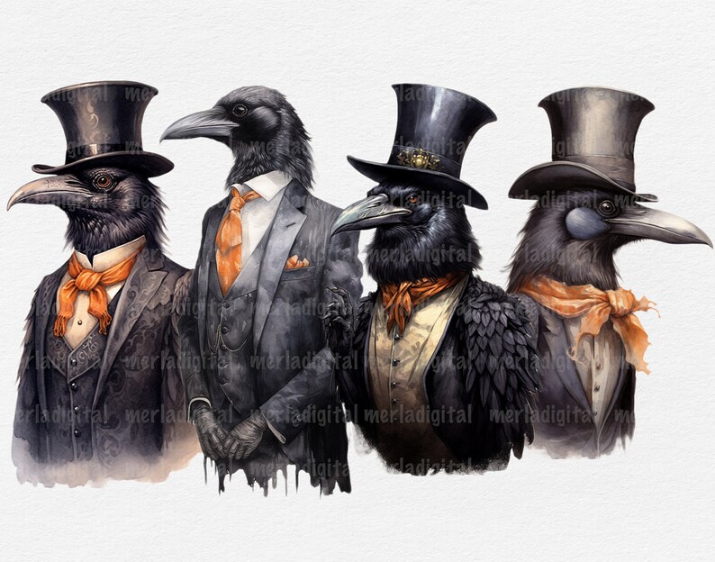 May include: Four black crows wearing top hats and suits. The crows are all wearing different colored ties. The crows are standing on a white background.