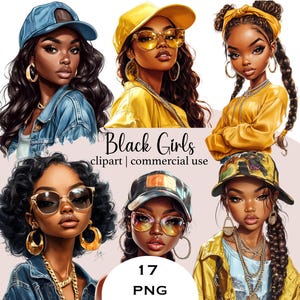 Bundle PNG patron fille noire, 17 cliparts chic femme noire en denim et or, sublimation conception, téléchargement numérique commercial