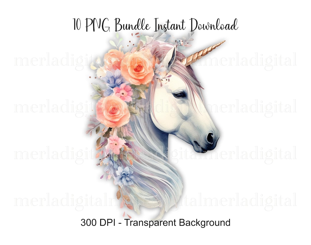 Floral Watercolor Unicorn PNG Bundle, Boho Fantasy Art (digital ...