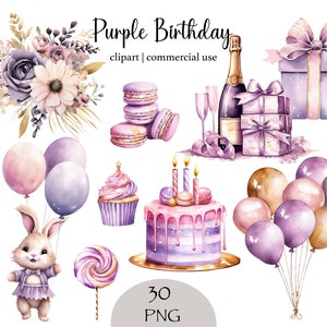 Aquarela roxo aniversário clipart pacote aniversário png aniversário menina diy cartão de aniversário fazendo desenhos png festa de aniversário clipart bolo