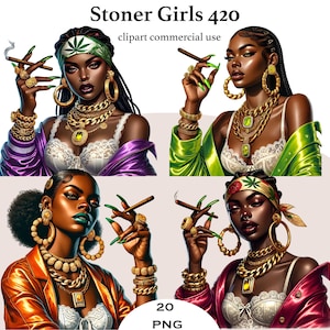 May include: Four digital illustrations of women with green and gold jewellery, wearing different outfits and holding a lit joint. The text "Stoner Girls 420" and "clipart commercial use" is at the top of the image.