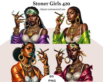 Clipart di ragazza nera fumatrice: donna con gioielli d'oro PNG (download digitale)
