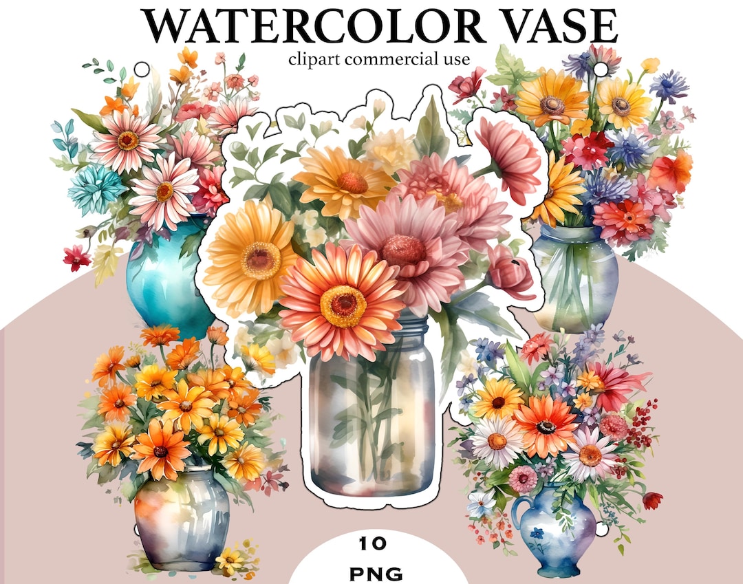 Watercolor Flower Vase Clipart Bundle, Floral Bouquet PNG (digital ...