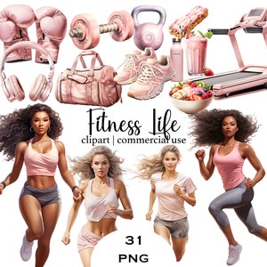 Fitness Clipart Stile di vita sano Donne Png Clipart Piatti Attrezzatura da palestra Esercizio Immagini Adesivo allenamento Download digitale Uso commerciale