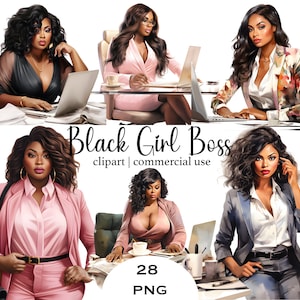Black Girl Boss PNG-clipartbundel – 28 Afro-professionele vrouwen, Boss Lady laptoptelefoon poses, sublimatie ondernemer, digitale download