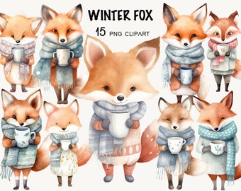 Watercolor Winter Fox Clipart Bundle (PNG Digital Download)