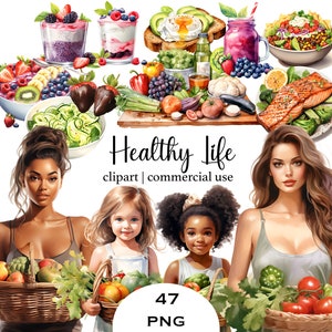 Clipart de comida saludable Estilo de vida Acuarela Vegetales Frutas Clipart Autocuidado Paquete Png Gráficos de comida de acuarela Ensalada Batido Tazón