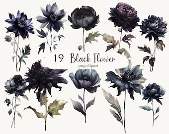 Watercolor Gothic Floral Clipart, Black Halloween Flowers (Digital Image)