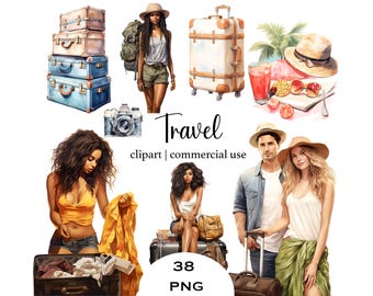 Ilustraciones de acuarela para viajes: Ilustración de moda vacacional (38 PNG)