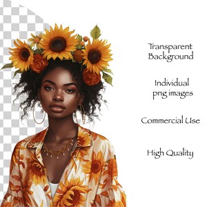 May include: Digital illustration of a woman with dark skin, wearing a sunflower crown and a shirt with a sunflower pattern. She has gold hoop earrings and a gold necklace. The image has text that says "Transparent Background", "Individual png images", "Commercial Use", and "High Quality".
