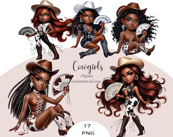 May include: Five digital illustrations of cowgirls with brown hair wearing cowboy hats and holding fans. The cowgirls are wearing different outfits, including denim shorts, a black tank top, a white tank top, and a black and white cow print top. The text "Cowgirls clipart commercial use 17 PNG" is at the bottom of the image.
