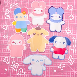 Sanr!o Charaktere Pixel Art Style Vinyl-Aufkleber gestanzt | Glitter/Clear Glossy Laminat | Kawaii Japanischer Charakter Maskottchen