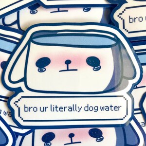 Pegatina de vinilo troquelada con meme de cachorro de Dogwater triste, laminado brillante transparente, calcomanía de papelería
