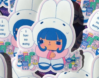 I hav no mony bunny girl Pixel Art Meme Die Cut Vinyl Sticker | Blind Box Girl Stationery | Decal