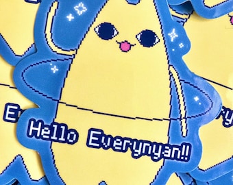 Azumanga Daioh Chiyo ChiChi Hello Everynyan Meme Die Cut Vinyl Sticker | Glitter/Clear Glossy Laminate | Pixel Art | Stationery Decal