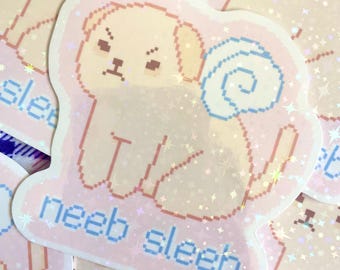 Neeb Sleeb Sleepy Pup Die Cut Vinyl Sticker | Glitter/Clear Glossy Laminate | Pixel Art | Silly Digital Pet Stationery Decal