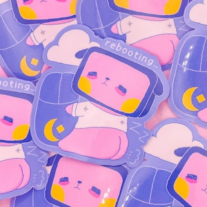 Adesivo in vinile fustellato Sleepy Rebooting Computer Dog / Laminato lucido trasparente / Pixel Art / Decalcomania per cancelleria kawaii