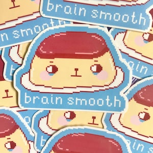 Vinilo holográfico troquelado "Brain Smooth" de Pudín Triste y Tonto / Holográfico con Brillantina / Laminado Transparente / Pixel Art / Meme de Comida Divertido y Divertido