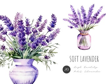 20 Soft Lavender Elements Clipart Bundle | Lavender Clipart | Watercolor PNG | Floral Clipart | Wedding Card Flowers | Spring Flowers