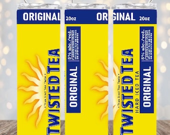 May include: A 20oz cylindrical tumbler with a yellow and blue design featuring the text Twisted Tea Original, a sun graphic, and 5% alc./vol. printed on the side. The tumbler includes a clear lid and a thin metal straw extending from the top.