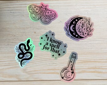 Holographic Sticker Collection | Witchy, Spooky, Occult, Bohemian, Goth | Crescent Moon, Cosmic Moth, Floral Snake, Potion Bottle, Spells