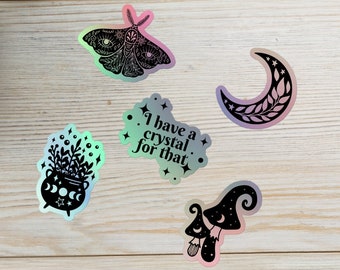 Holographic Sticker Collection | Witchy, Spooky, Occult, Bohemian, Goth | Crescent Moon, Cauldron, Cosmic Moth, Crystals