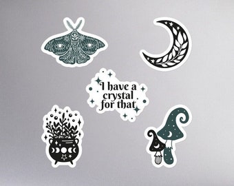 Witchy Stickers for Journals, Grimoires, Notebooks, Water Bottles | Spooky, Occult, Witchcraft | Moon, Cauldron, Cosmic Moth, Crystals