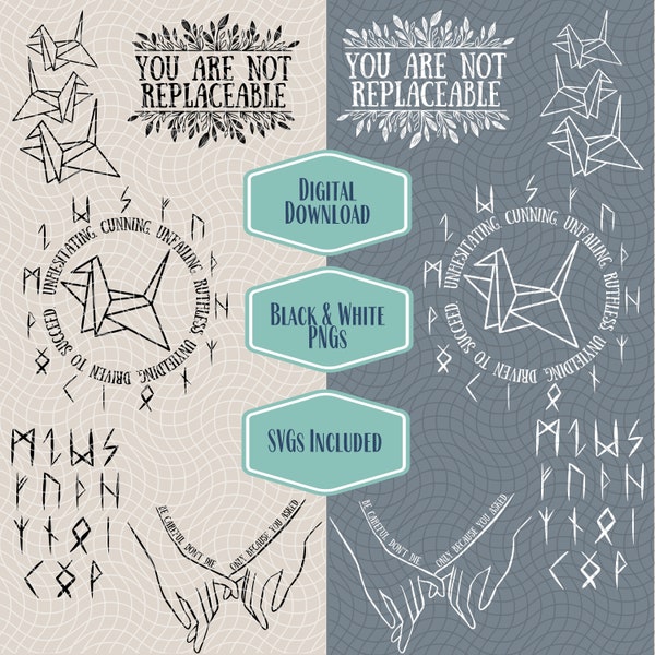 Dramione Manacled SVG PNG Bundle, The High Reeve Runes, Paper Crane, You Are Not Replaceable, Bookish Designs for Shirts, Stickers, Cricut