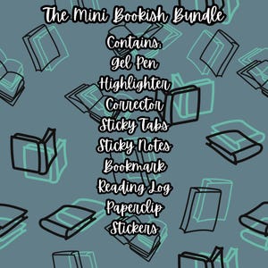 May include: A blue background with a pattern of black and teal book outlines. The text "The Mini Bookish Bundle" is at the top of the image. The text "Contains:" is below the title, followed by a list of items: gel pen, highlighter, corrector, sticky tabs, sticky notes, bookmark, reading log, paperclip, and stickers.