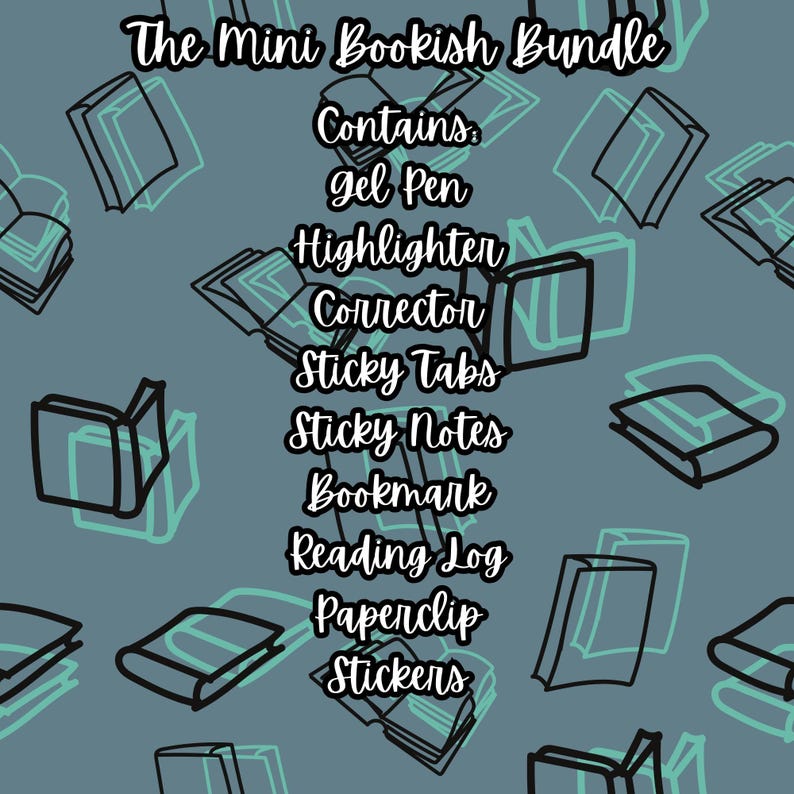 May include: A blue background with a pattern of black and teal book outlines. The text "The Mini Bookish Bundle" is at the top of the image. The text "Contains:" is below the title, followed by a list of items: gel pen, highlighter, corrector, sticky tabs, sticky notes, bookmark, reading log, paperclip, and stickers.