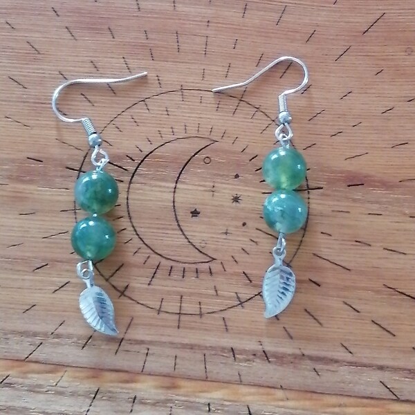 Boucles d'oreilles "feuille" en agate mousse