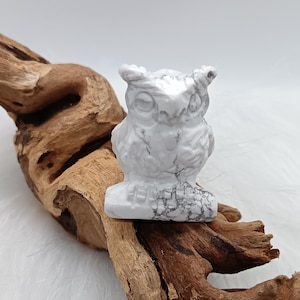 May include: A white and gray owl figurine carved from stone. The owl has detailed features, including large eyes and textured feathers. The figurine is displayed on a piece of driftwood against a white background.