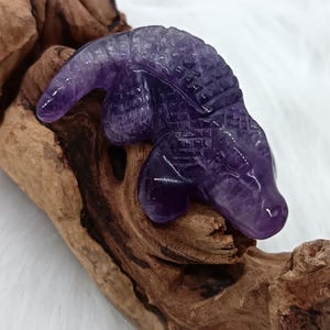 May include: A carved amethyst alligator figurine. The purple gemstone is sculpted in detail, showcasing the alligator's scales and form. The figurine rests on a piece of driftwood, creating a natural contrast.