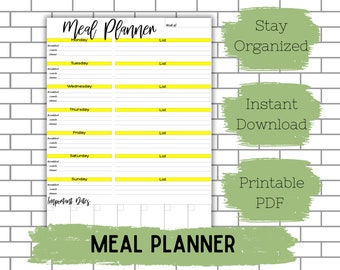 Yellow | Downloadable Printable Meal Planner | Weekly Meal Planner | Food Planner Grocery List | Weekly Calendar