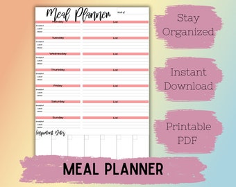 Pink | Downloadable Printable Meal Planner | Weekly Meal Planner | Food Planner Grocery List | Weekly Calendar