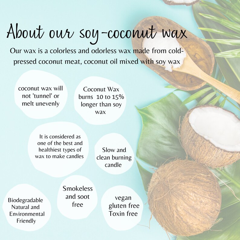 May include: Soy-coconut wax is a colorless and odorless wax made from cold-pressed coconut meat, coconut oil mixed with soy wax. It is biodegradable, natural, and environmentally friendly. It is also vegan, gluten-free, and toxin-free. The wax burns 10 to 15% longer than soy wax and is considered one of the best and healthiest types of wax to make candles. It is smokeless and soot-free. The wax is shown on a blue background with coconuts and leaves.