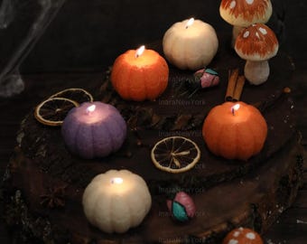 Peut inclure: Diverses bougies en forme de citrouille et de champignon allumées, de couleurs orange, blanche et violette, disposées sur une surface en bois rustique. Des tranches d'orange séchées et des bâtons de cannelle complètent le thème automnal.