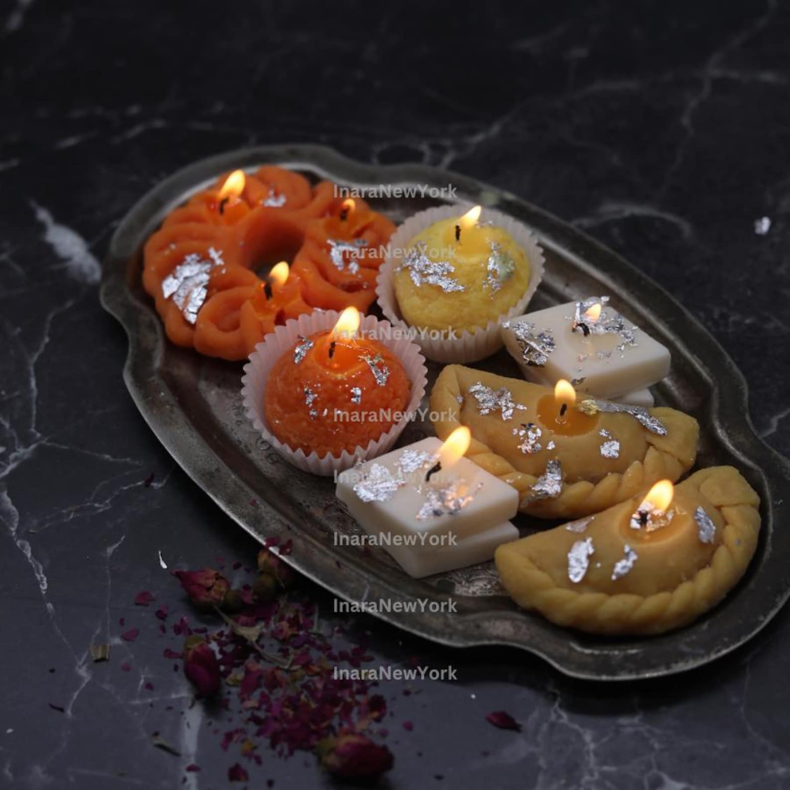 Mithai Candle Set: Indian Sweets Diwali Decor - Rose & Silver Topped