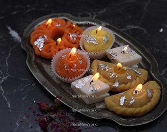 7 Mithai set- ladoo candle- imarti- kaju katli candle- burfi candle- gujiya candle